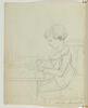 Portrait d'Achille Meuricoffre, vu de profil, assis à une table, jouant aux petits soldats de plomb, image 2/2