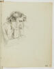Homme, vu en buste, de profil vers la droite, se tenant la tête de la main gauche ; esquisse d'une tête d'homme penchée en avant, de profil vers la gauche, image 3/3