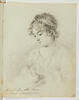 Portrait de Mme de La Rüe  assise, vue en buste, de trois quarts vers la gauche, les cheveux nattés et entrelacés, en train de coudre, image 2/4