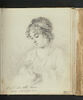 Portrait de Mme de La Rüe  assise, vue en buste, de trois quarts vers la gauche, les cheveux nattés et entrelacés, en train de coudre, image 4/4